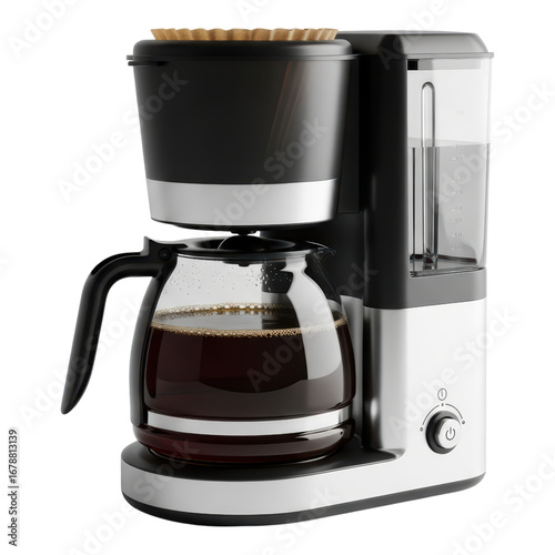 Modern drip coffee maker with glass carafe and water reservoir