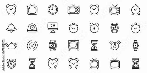 Collection of diverse timekeeping icons including alarm clocks, watches, hourglasses, and vintage televisions