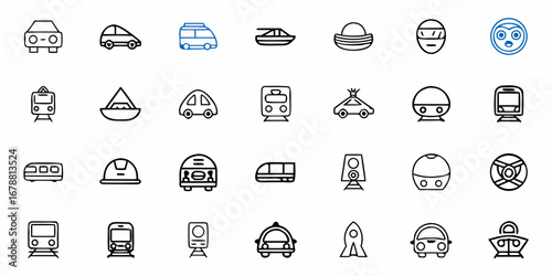 Diverse collection of transportation and vehicle icons showcasing modern travel and mobility solutions for your projects.
