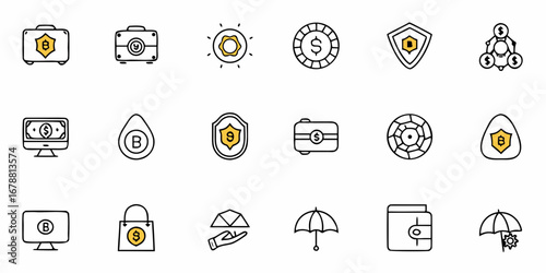 Diverse financial icons showcase money management, security, and digital currency concepts with a clean, modern aesthetic