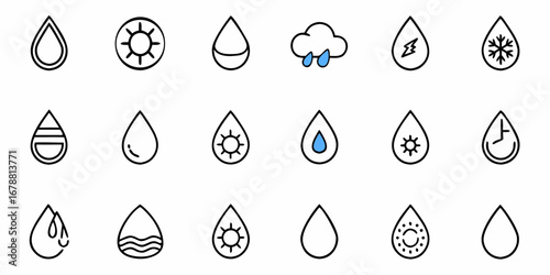Collection of water drop icons representing weather, time, and purity for modern design