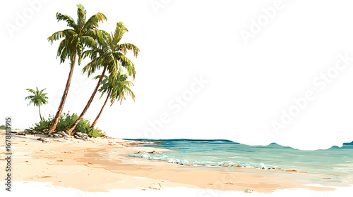 Tropical beach paradise with swaying palms and turquoise water for summer vacation vibes and relaxation isolated on white background