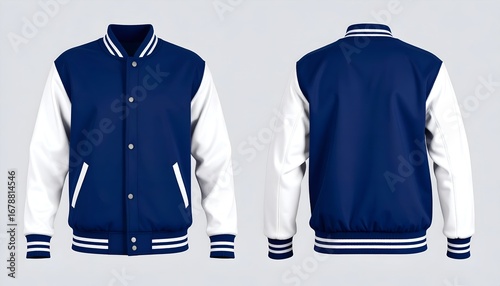 Varsity jacket mockup in navy blue and white. Front and back views. Baseball, college style apparel design. Apparel for students and young people. Fashion template mock up