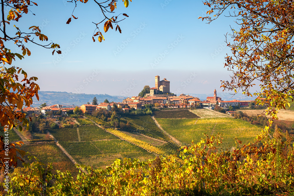 Fototapeta premium Small town on the hill as seen from the vineyards in Italy.