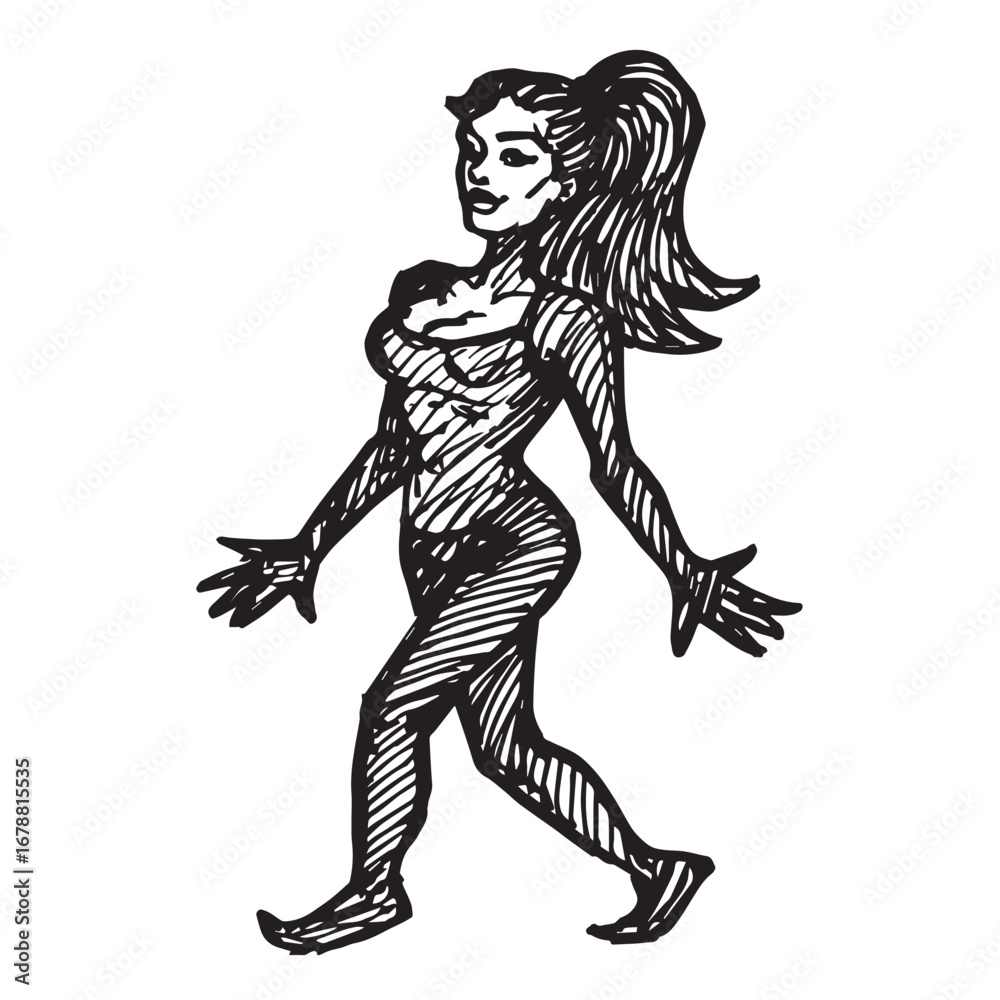 Fototapeta premium Beautiful Woman Doodle Black and White Illustration Fashion Girl Portrait Line Art Sketch Vector