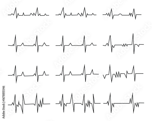 Black heartbeat line collection with heart symbol, cardiology, medical pulse, ECG, EKG design, healthcare clipart vector illustration on white background