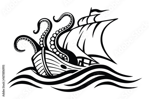 Kraken Tentacles Attack Sailing Ship Nautical Vessel Art on White