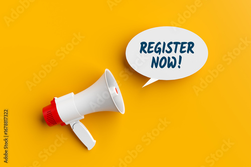 Megaphone inviting to register now on yellow background