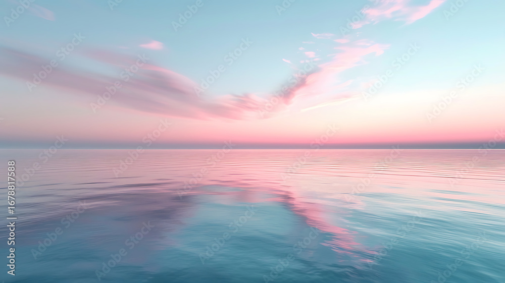 Obraz premium Pink Hues Over Calm Ocean: Tranquil Seascape Reflecting Soft Sunrise Colors.