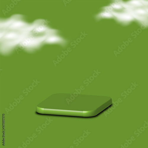 3d render of a green laptop on a green background with clouds podium 3d eps 10