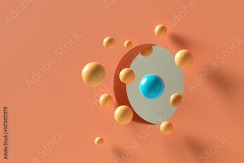 Bild auf Leinwand Orange and blue spheres floating near a circular hole on an orange surface