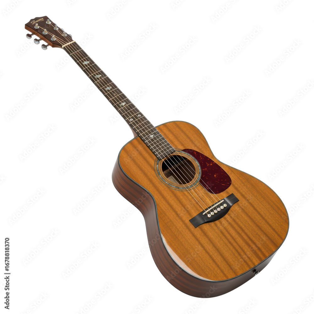 Obraz premium Acoustic six-string wooden guitar with detailed fretboard and body design on transparent background