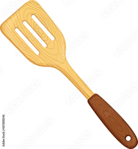Yellow slotted spatula with brown handle kitchen utensil for cooking and serving vector