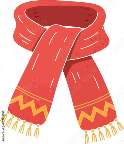 Cozy red scarf with zigzag pattern and fringe for winter warmth and style vector