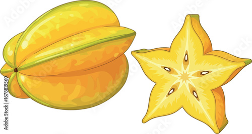 Vibrant yellow star fruit whole and sliced exotic tropical fruit healthy food ingredient vector