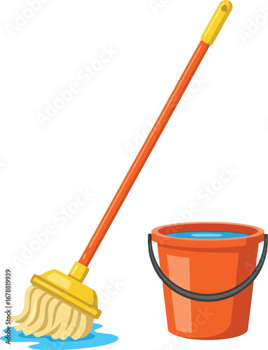 Bright mop bucket with water for sparkling floor cleaning and home hygiene vector