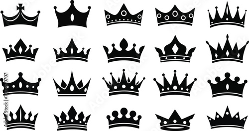 Collection of various black silhouette crowns, diverse designs.