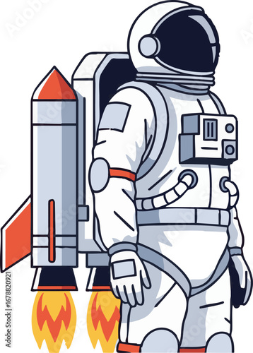 An illustration of an astronaut in a white spacesuit with a rocket pack firing flames on a white background