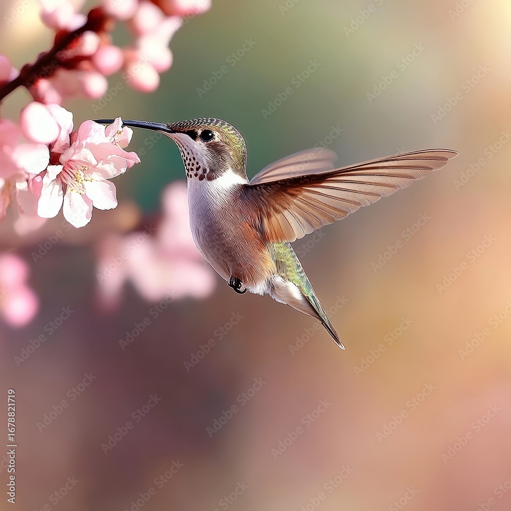 Fototapeta premium A hummingbird hovering and sipping nectar from bright pink flowers in a beautiful garden setting.