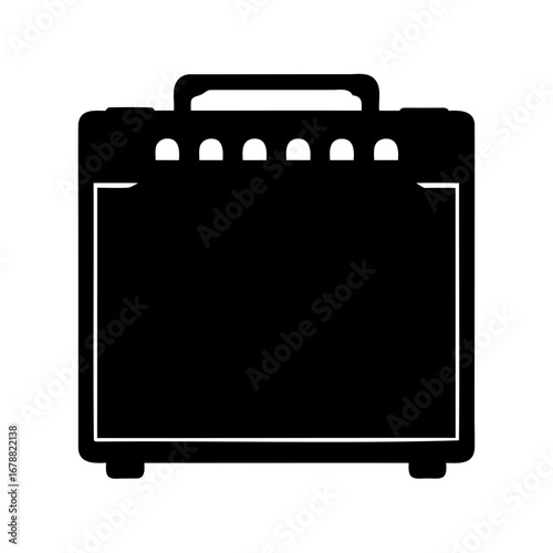 A simple vector drawing depicts a black amplifier with carrying handle