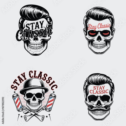 Skulls with classic hairstyles and text skeleton vintage