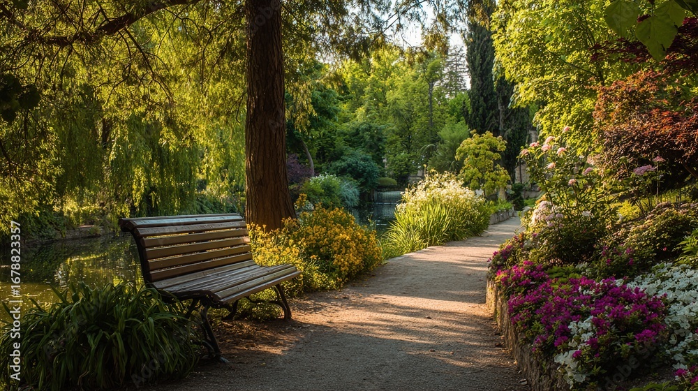 Fototapeta premium Serene garden path with wooden bench and vibrant flowers