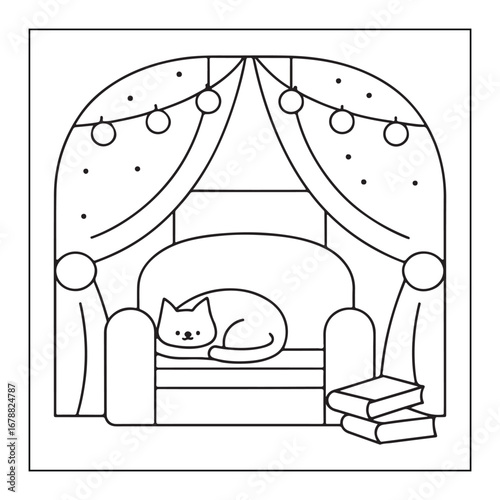 Cozy scene with a sleeping cat on a sofa, books, and string lights framed by curtains kitten napping