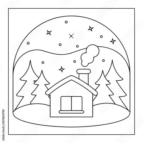 Snow globe illustration of a house with smoking chimney and pine trees under a starry sky home building