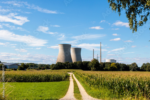 Country road leading to Gundremmingen nuclear power plant cooling towers Germany, Gundremmingen ,31 August 2025