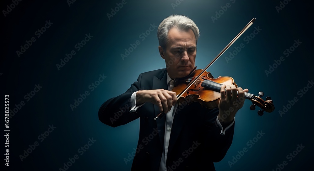 Fototapeta premium Mature man plays violin in studio
