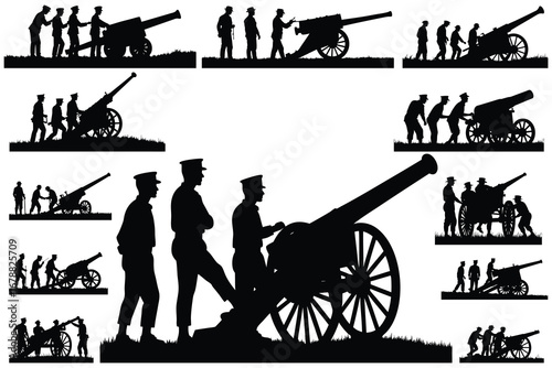 Soldiers operating large artillery in silhouette cannon