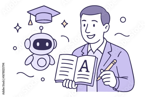 Teacher with AI robot assistant, holding book and pen, ready to teach education concept, modern illustration, innovation
