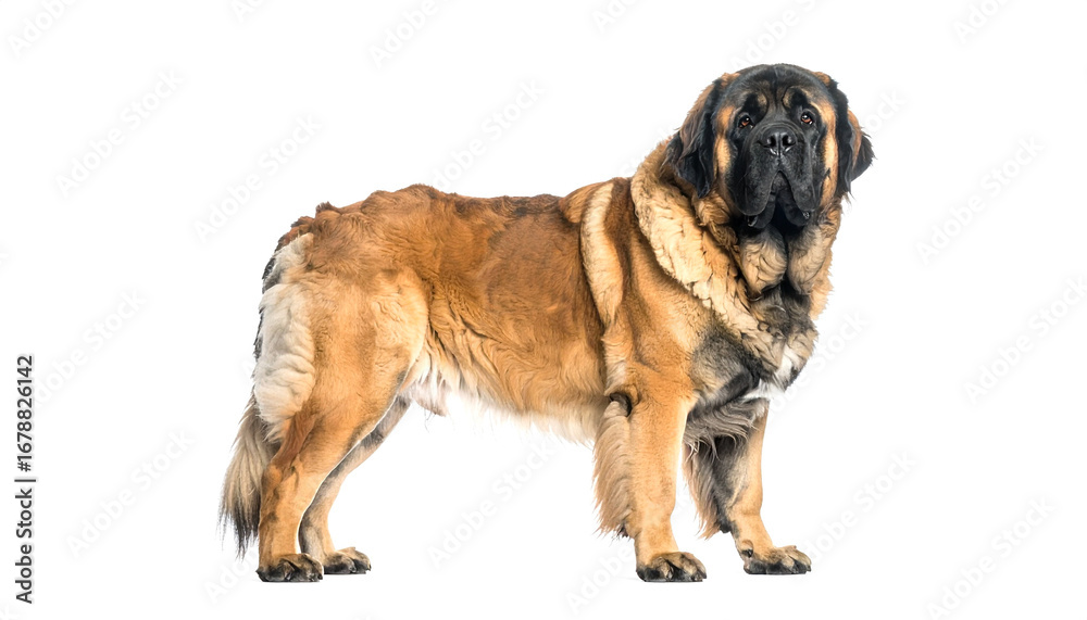 Obraz premium Leonberger dog standing calmly in full profile against white backdrop