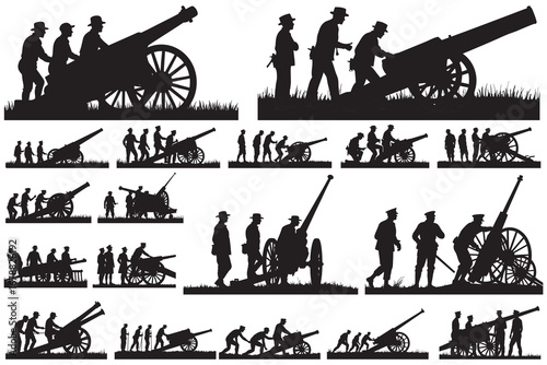 Soldiers operating artillery in silhouette cannon military