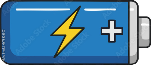 Illustration of a blue battery with a yellow lightning bolt and a plus sign on it fully charged