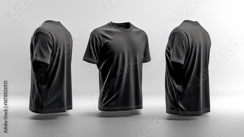Three black t-shirts on gray background