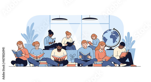 A diverse group of people enjoying reading books together in a cozy library setting, fostering a love for literature and learning