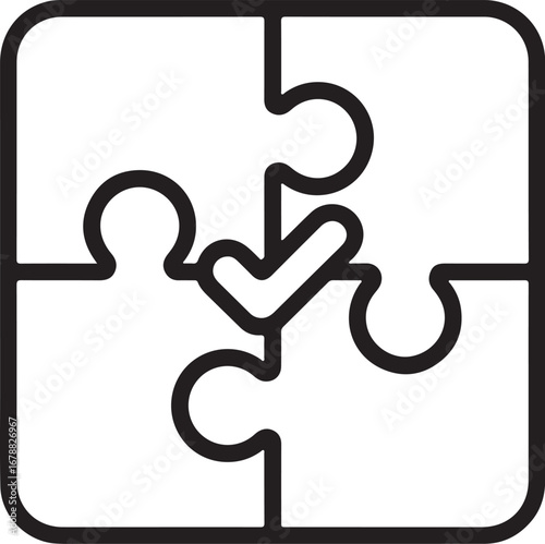 Four puzzle pieces fitting together with a checkmark in the center