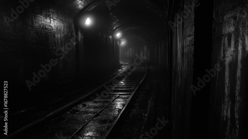 Dimly Lit Tunnel with Wet Tracks and Industrial Elements