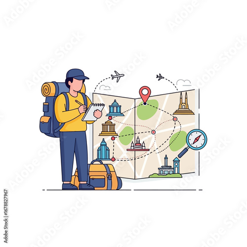 A traveler with a backpack planning a journey on a large map, marking routes to various landmarks and destinations, symbolizing tourism and adventure.