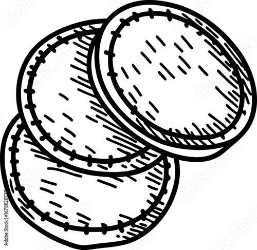 Hand drawn round stitched fabric patches three sketch textile circles, isolated on white background
