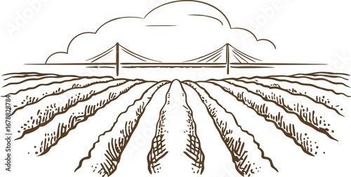 Expansive cultivated farmland with furrowed rows and distant modern suspension bridge, rural landscape illustration