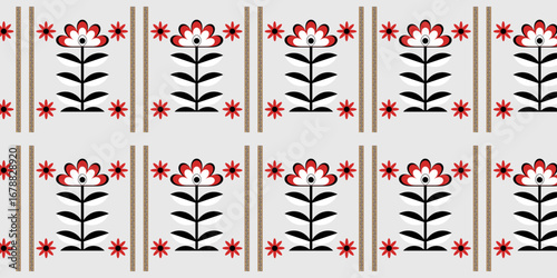  modern red floral seamless pattern with black leaves and beige stripe accents for wallpaper and fabric