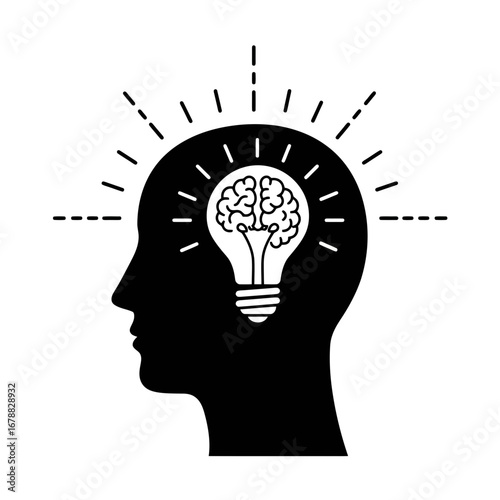 Creative brain inside a light bulb symbolizing innovation and brilliant ideas on a black background