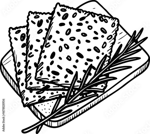 Crispy seeded crackers on wooden plate with rosemary sprig hand drawn snack, healthy food, vegan appetizer concept