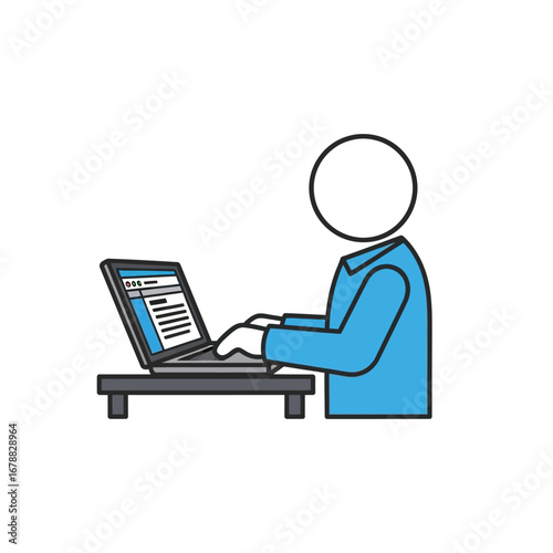 Simple stick figure illustration of a person in a blue shirt working on a laptop computer at a desk.
