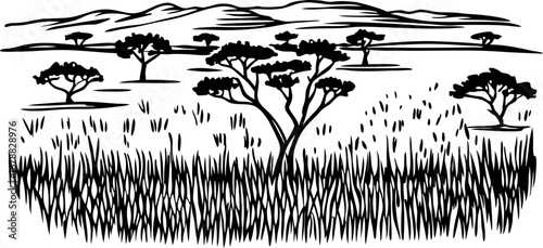 African savanna landscape illustration with acacia trees, tall grass, and distant hills wildlife habitat ecosystem drawing
