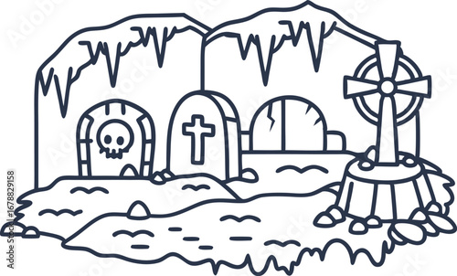 Spooky cave graveyard with tombstones and cross haunted underground burial site, eerie halloween cemetery scene