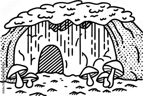 Cave entrance with mushrooms and rocky overhang hand drawn line art, nature adventure, mysterious landscape scene