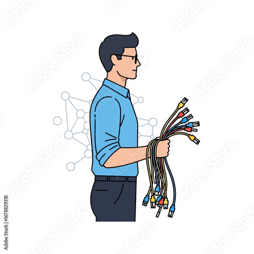 Illustration of a man holding a bundle of network cables with RJ45 connectors, representing connectivity and IT infrastructure.